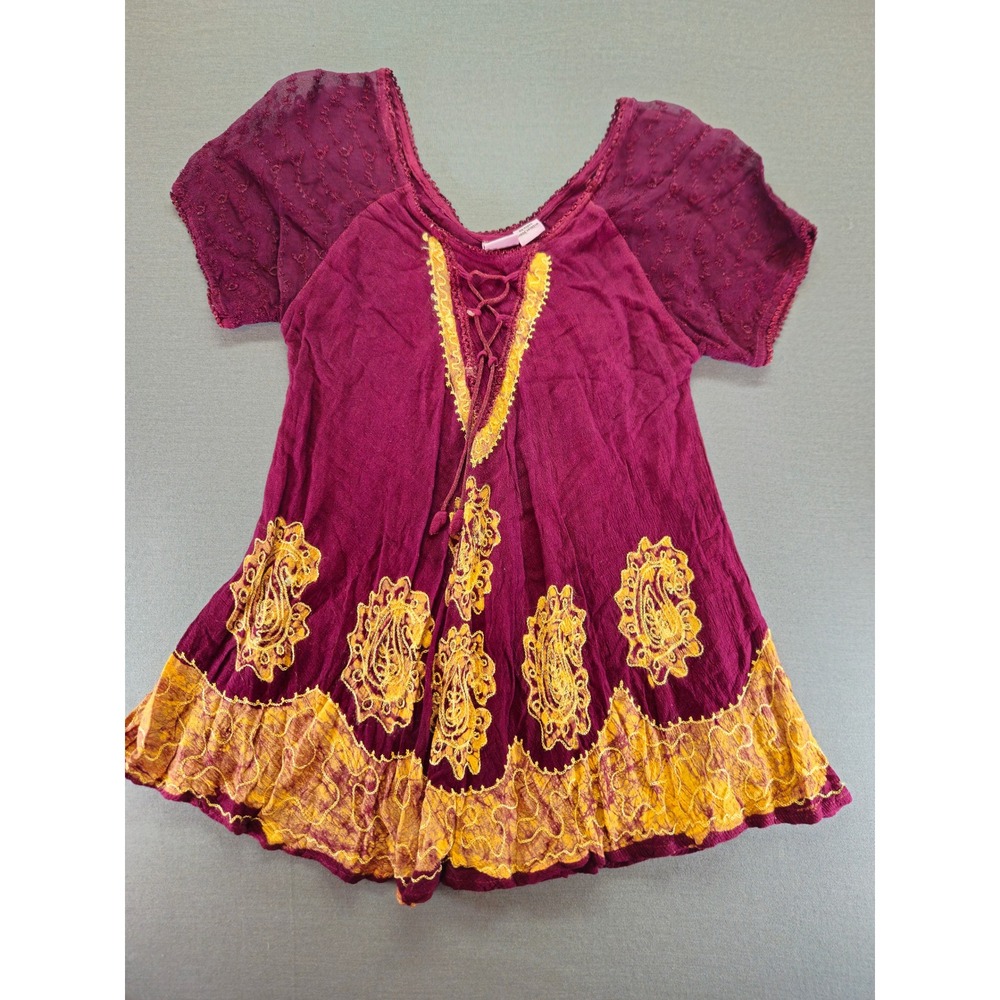 Indian Tropical Fashion Burgundy Paisley Embroidered Boho Tunic Top Free Size